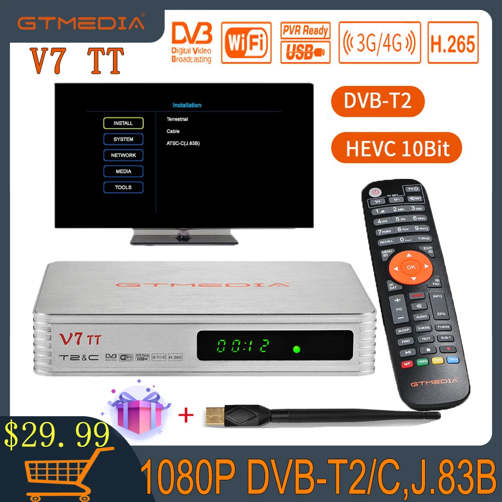 

Новинка 2021 GTMEDIA V7 TT DVB-T/T2 + DVB-C поддержка H.265 HEVC 10bit спутниковый приемник комбинированный ТВ тюнер с антенной USB приложение youview