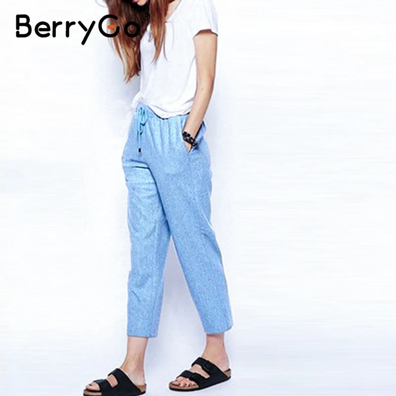 BerryGo High waist tie up causal pants women 2020 Spring streetwear cotton female Holiday office lady summer | Женская одежда