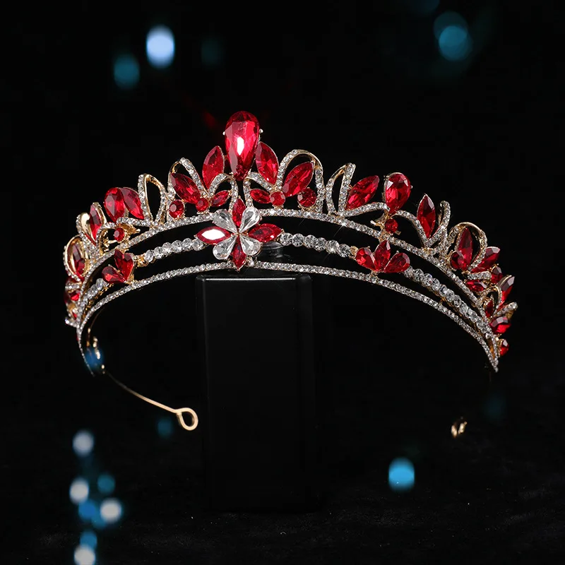 

Luxury Rhinestone Bridal Wedding Crown Layered Red Gem Bride Tiaras Baroque Headdress Hair Jewelry Accessories HQ0808-2