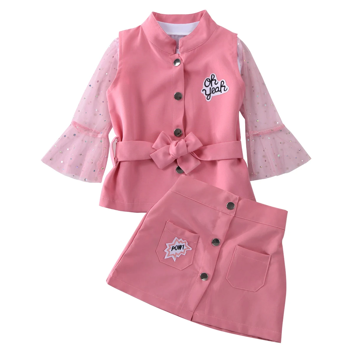 1-5Y Toddler Kid Girls Clothing Set Mesh Long Sleeve T shirt + Skirts Bow Waistcoat Outfits Autumn Spring Children Costumes | Мать и