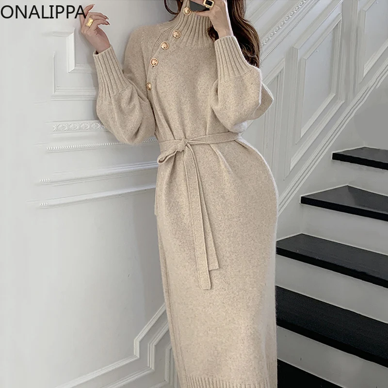 

Женское трикотажное платье Onalippa, элегантное платье выше колена во французском стиле с высоким воротником и боковыми пуговицами, со шнуровк...