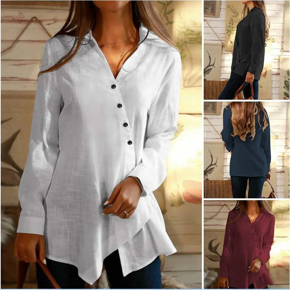2021 top women's fall/winter V-neck long-sleeved shirts single-breasted irregular hem loose shirt blouses рубашка chemise femme
2021 top women's fall/winter V-neck long-sleeved shirts single-breasted irregular hem loose shirt blouses рубашка chemise femme