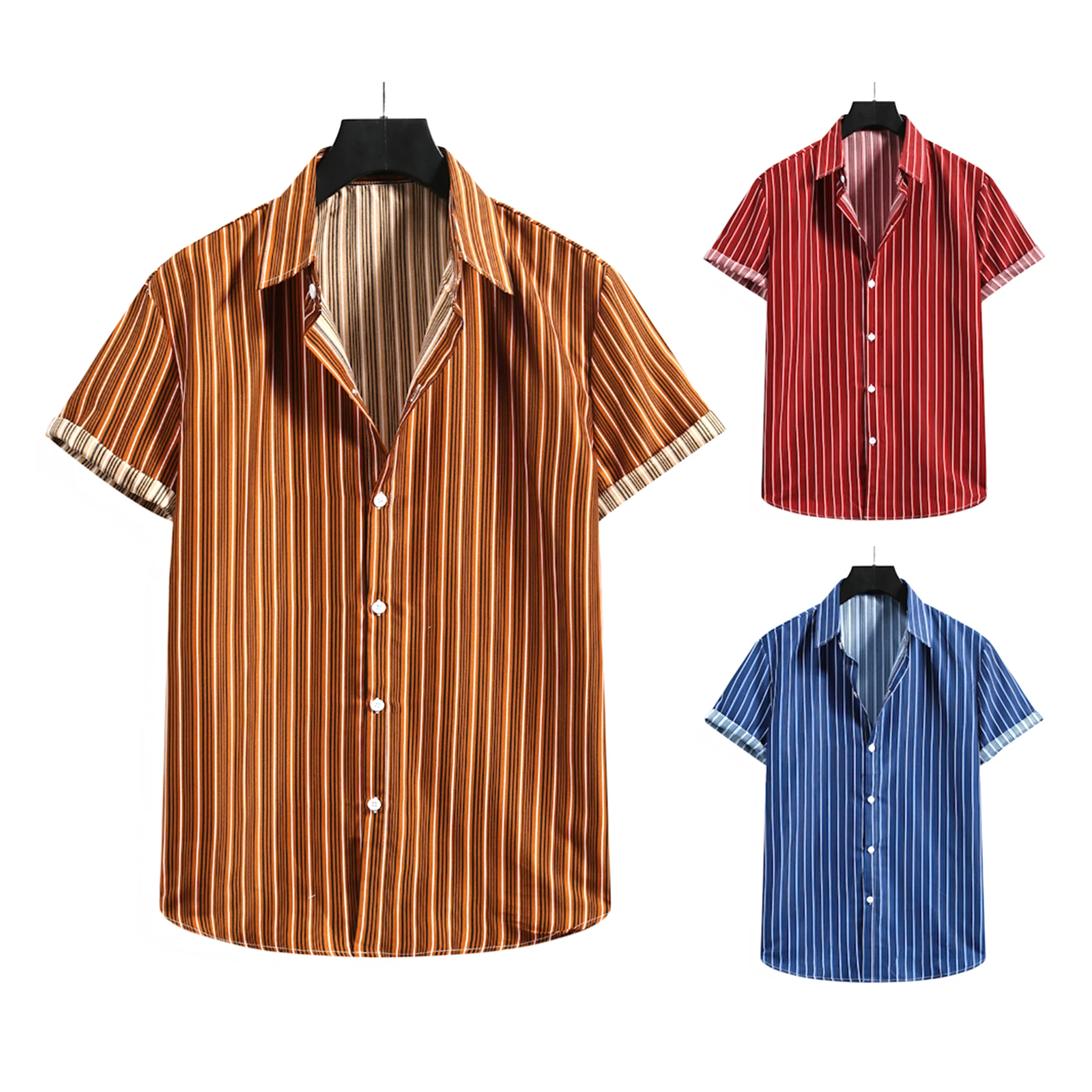 Мужская рубашка в полоску, с коротким рукавом и отложным воротником 
Мужская рубашка в полоску, с коротким рукавом и отложным воротником