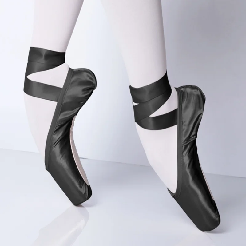 Пуанты женские атласные балетные туфли с лентами профессиональные черные | Спорт
