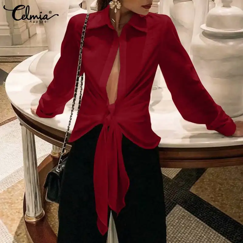 Celmia Fashion Blouses 2022 Spring Women Sexy Shirts Open Chest Tie Knot Streetwear Tunic Tops Pleated Lightweight Blusas Femme 
Celmia Fashion Blouses 2022 Spring Women Sexy Shirts Open Chest Tie Knot Streetwear Tunic Tops Pleated Lightweight Blusas Femme