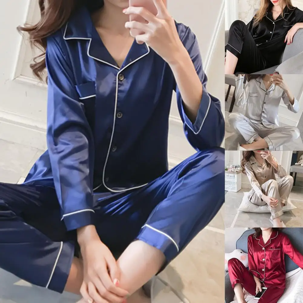 

2 Pcs/Set Trendy Imitation Silk Solid Color Nightclothes Turn-down Collar Cardigan Female Nighty for Home Pajamas Suit