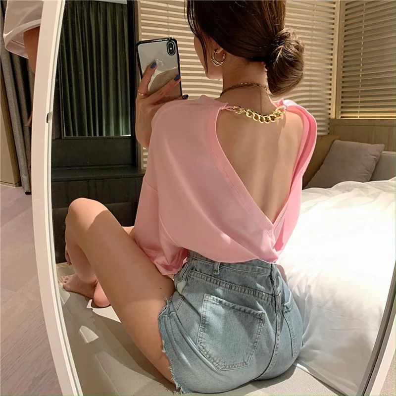 

2021 News Backless T-Shirt Solid Popular Women's Wear Sexy Tops Short Sleeve Summer Female Fashion Casual Metal Chain