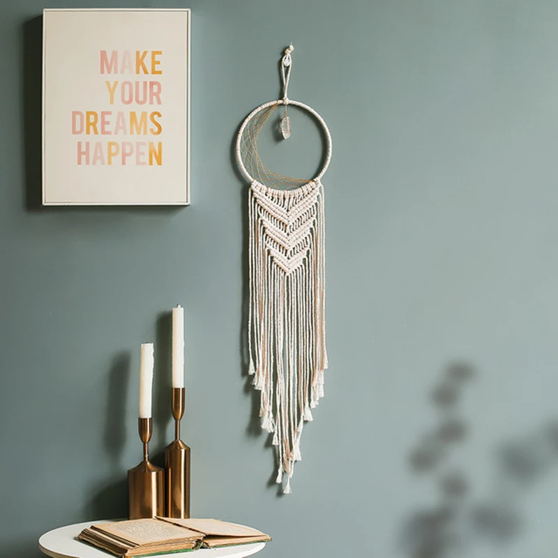 

1pc Woven Dream Catcher Artificial Crystal Stone Embellished Hanging Macrame Pendant Bedroom Home Decor Wall Decoration Tapestry