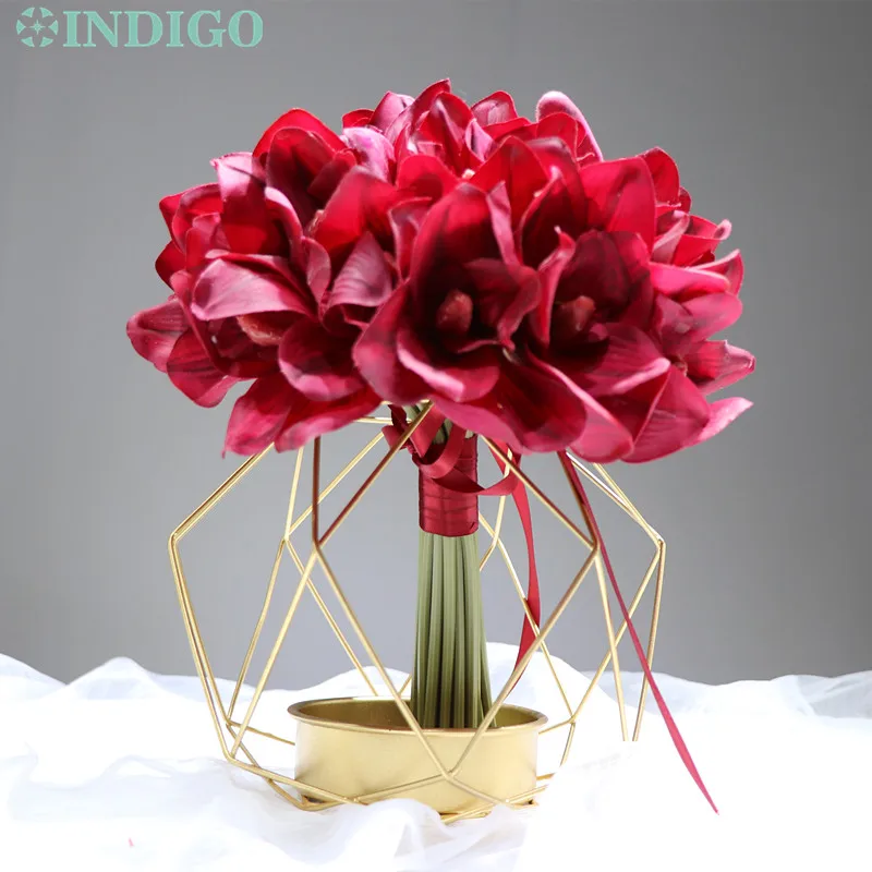 

21 Pcs/Bunch Red Cymbidium Orchids New Style Bride Designed Bouquet Real Touch Flower Wedding Party Table Centerpiece INDIGO
