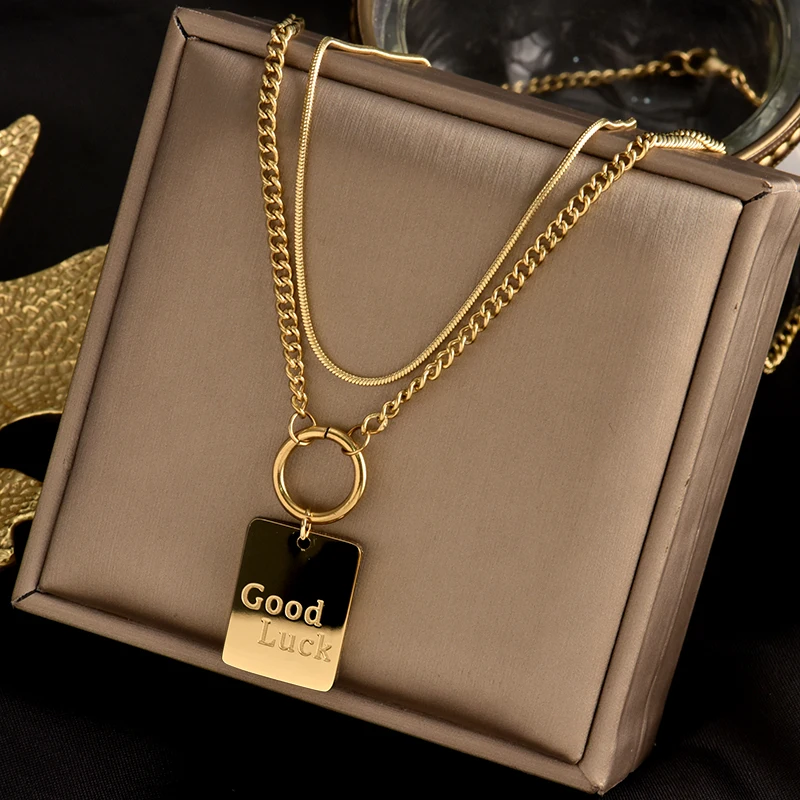 Indelible stainless steel two-layer detachable necklace, "good luck" square pendant, fashionable and simple female gift jewelry
Indelible stainless steel two-layer detachable necklace, "good luck" square pendant, fashionable and simple female gift jewelry