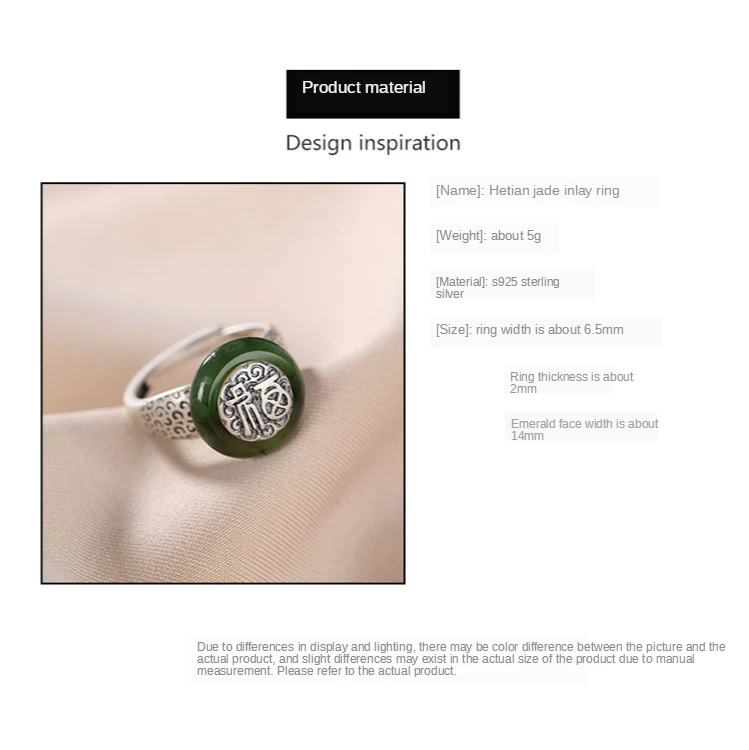 Silver 925 ring Emerald ring jewelry woman Sterling silver Hetian jade safe buckle with retro blessing opening adjustable
Silver 925 ring Emerald ring jewelry woman Sterling silver Hetian jade safe buckle with retro blessing opening adjustable
