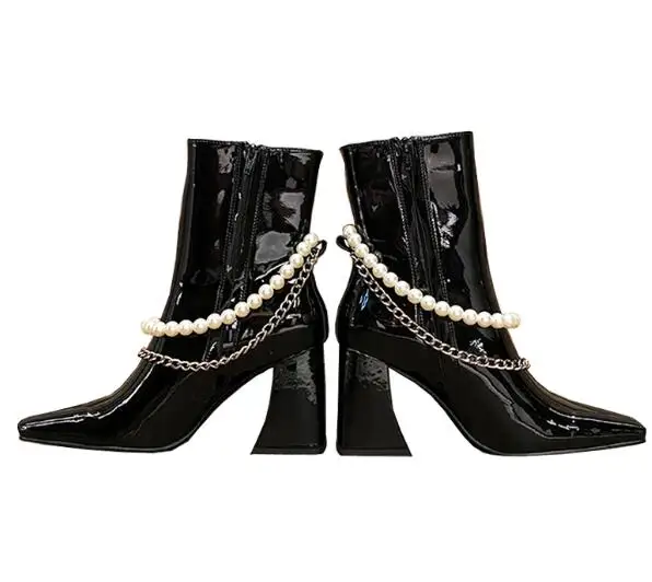 BONJEAN Black Patent leather High Heel Boots Square Toe Thick Heels Knee High Boots Chains Decorations Woman Shoe 
BONJEAN Black Patent leather High Heel Boots Square Toe Thick Heels Knee High Boots Chains Decorations Woman Shoe