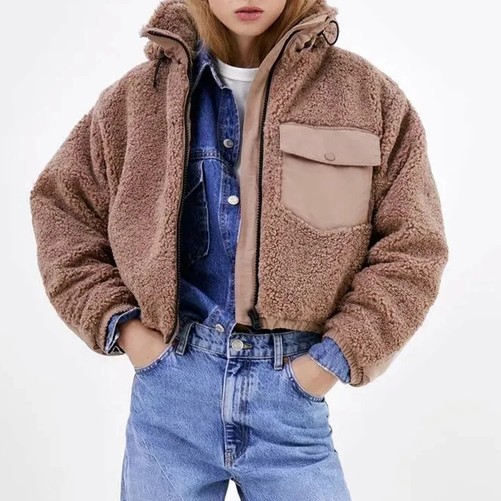 

Za 2021 winter women shaggy Outerwear casual Warm Cropped coat Anti-Lamb Wool Fleece Thickening Stitching Hooded Short Jacket