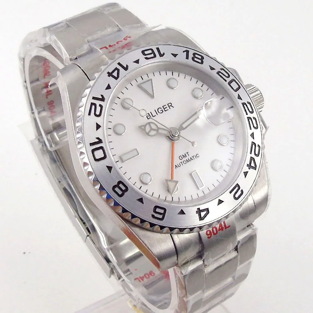 

BLIGER Solid 40mm White Dial Sapphire Glass GMT Date Rotating Bezel Automatic Movement Men's Watch Deployment Clasp