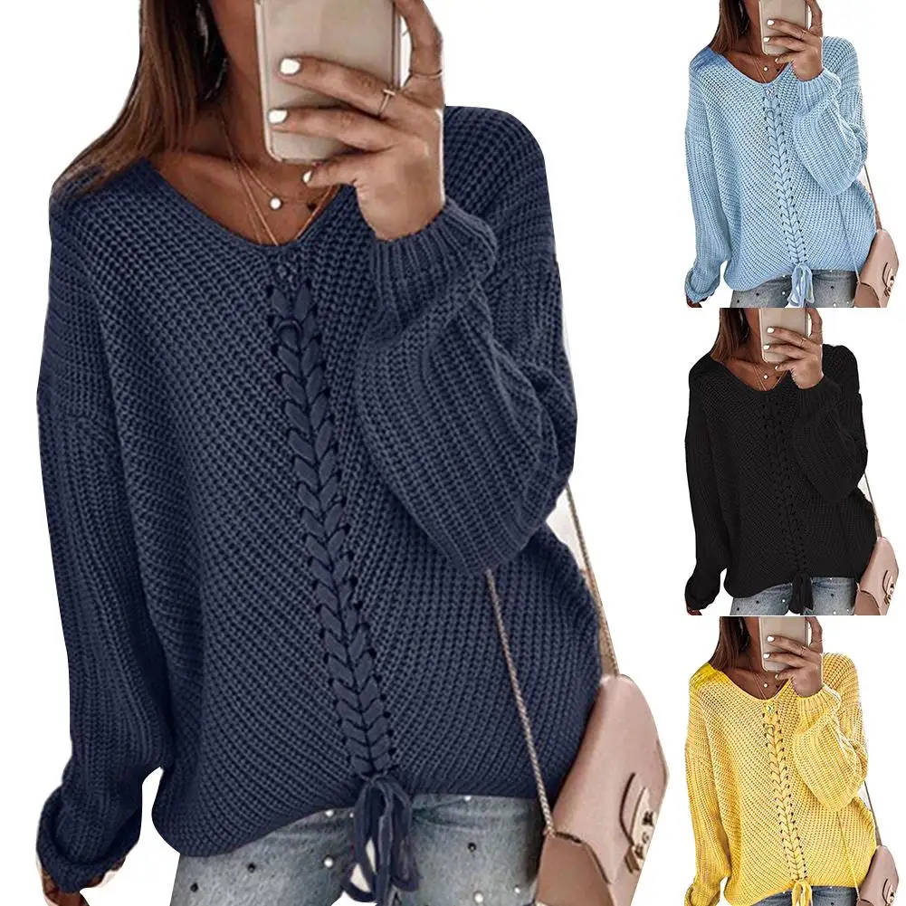 Fashion Sweater Women Solid Color V Neck Long Sleeve Sweater Drawstring Casual Knitted Sweater Grey pull femme свитер женский
Fashion Sweater Women Solid Color V Neck Long Sleeve Sweater Drawstring Casual Knitted Sweater Grey pull femme свитер женский