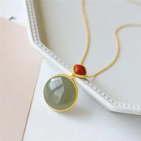 

Natural Hetian Gray Jade round Brand Inlaid S925 Sterling Silver Ancient Style Thick Gold Silver Pendant Embellished South Red B