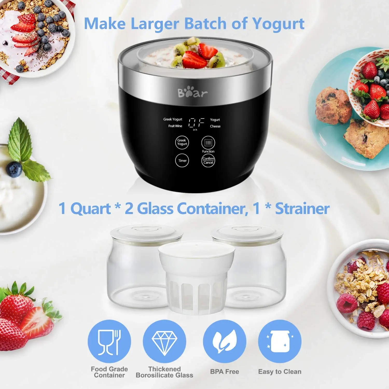 Greek Yogurt Maker with Timer Control, Automatic Digital Frozen Yogurt Maker with 2 Glass Jars 1 Quart Free Shipping
Greek Yogurt Maker with Timer Control, Automatic Digital Frozen Yogurt Maker with 2 Glass Jars 1 Quart Free Shipping