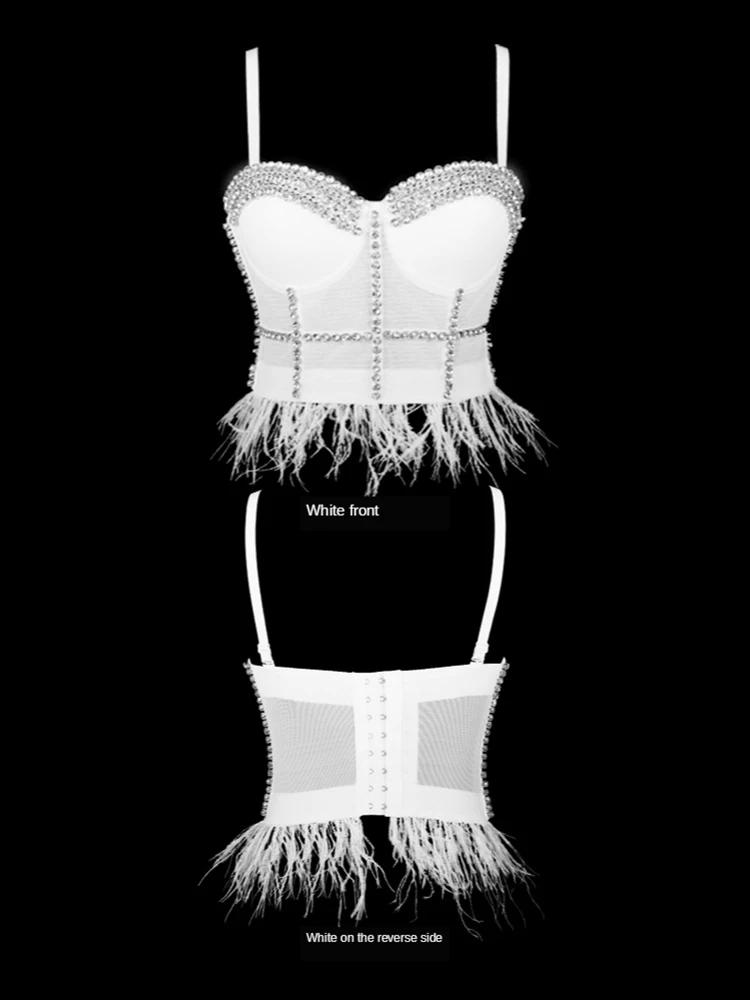 

New Sexy White Corset Top Women's Tube Top Sequined Beading Feathers Tassel Camisole Bra Party Club Christmas Performance Prom