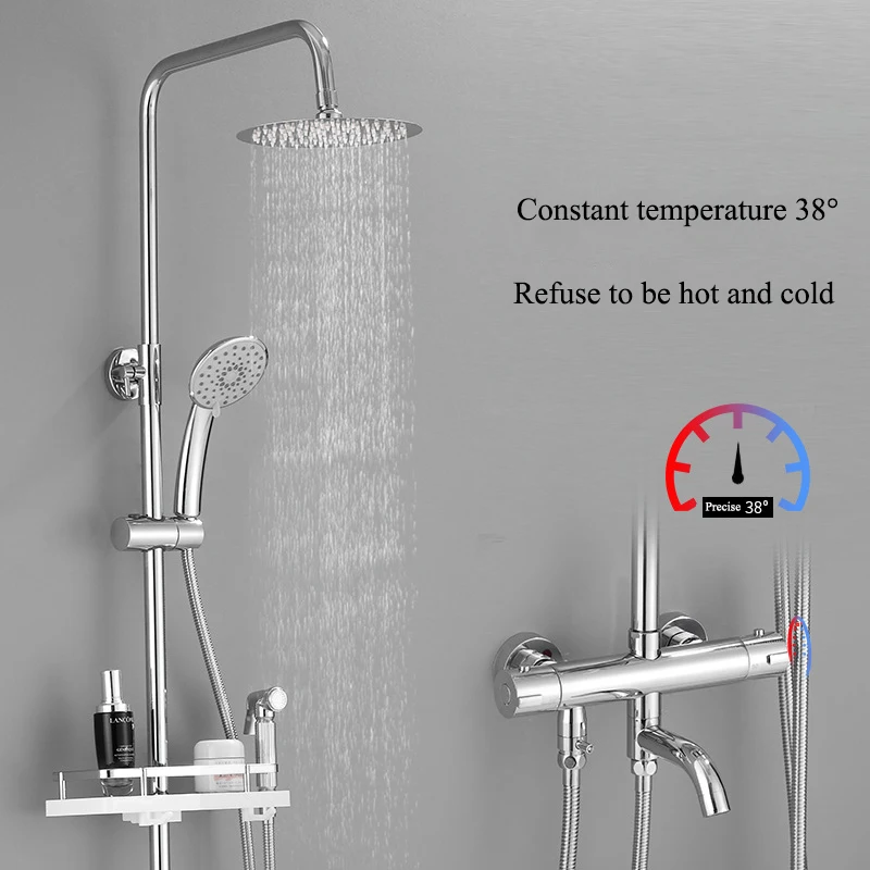 AE02XC-0001 new shower system full copper constant temperature lifting and rotating shower set pressurized top shower with shelf
AE02XC-0001 new shower system full copper constant temperature lifting and rotating shower set pressurized top shower with shelf