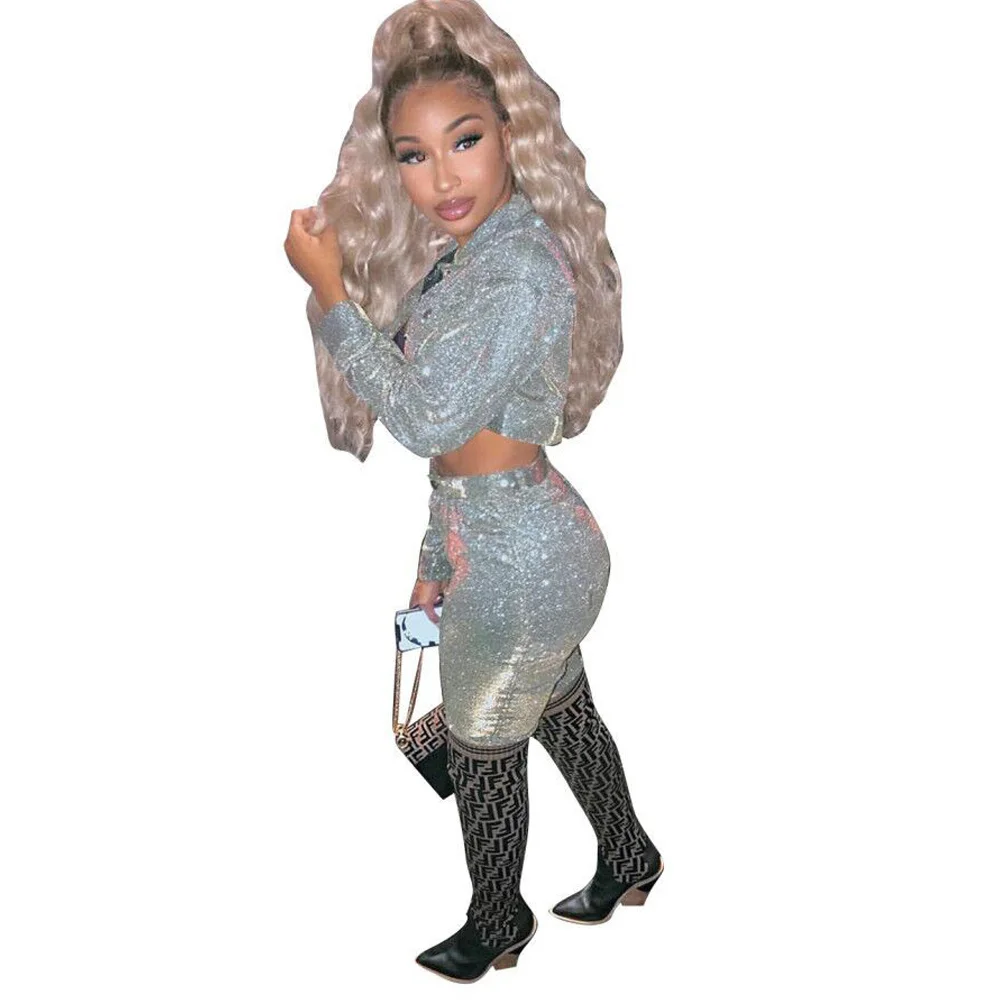 Bling Bling Material Sexy 2 Piece Sweatsuit Women's Sets Buttons Up Long Sleeve Crop Top and High Waist Tight Trouser Tracksuit 
Bling Bling Material Sexy 2 Piece Sweatsuit Women's Sets Buttons Up Long Sleeve Crop Top and High Waist Tight Trouser Tracksuit