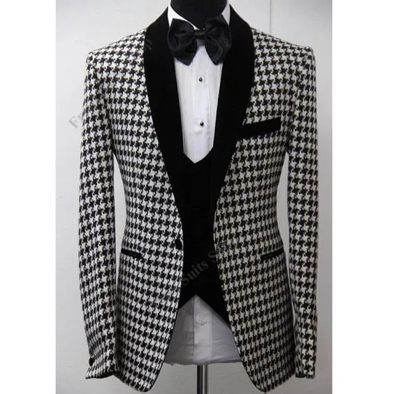 

2023 Handsome Houndstooth Groomsmen Shawl Lapel Groom Tuxedos Tweed Two Button Men Wedding Formal Prom Suits