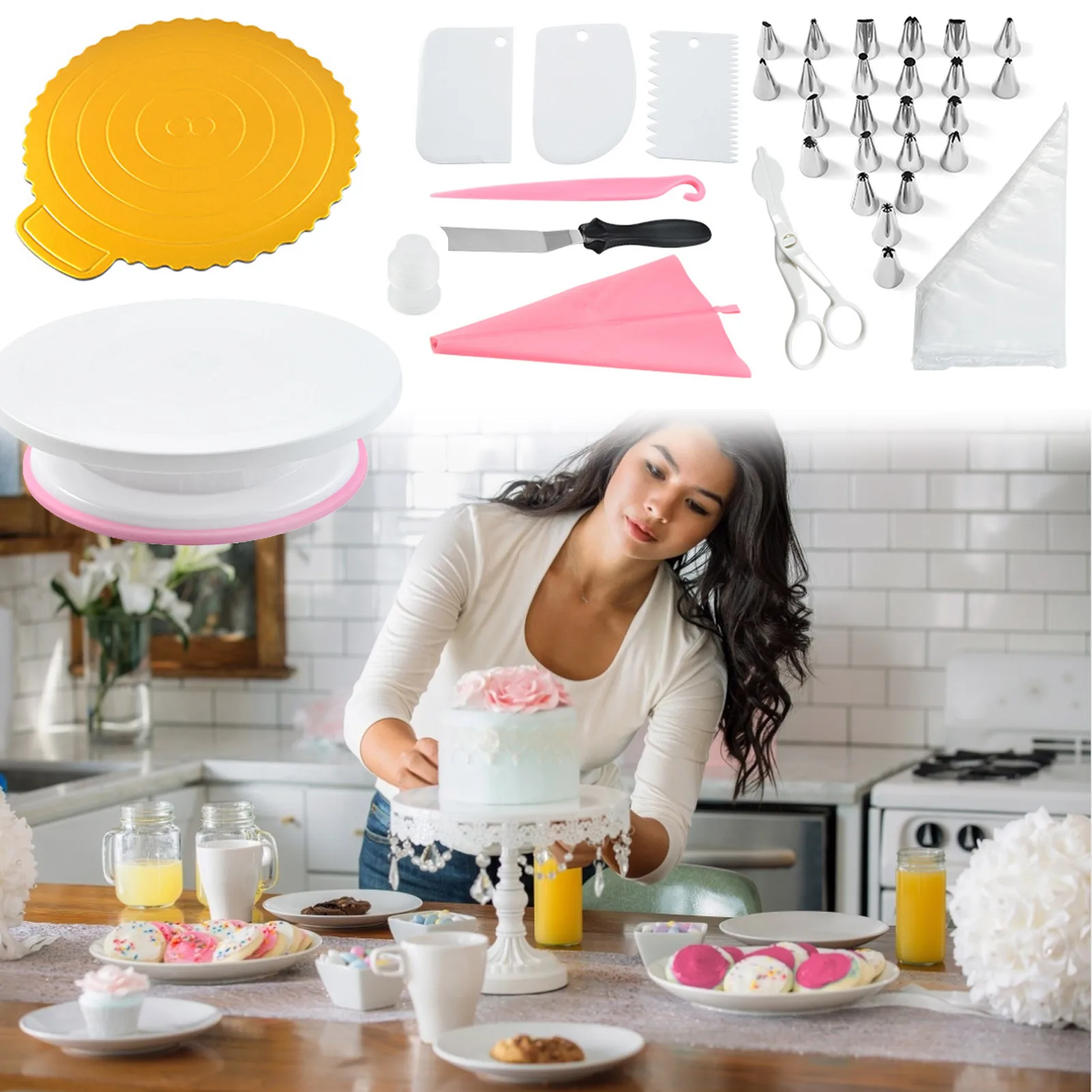134pcs Cake Baking Mould Set Turntable Set Decorating Pastry Tools Kit Stainless Steel Butter Mouth Piping Nozzle Piping Bags 
134pcs Cake Baking Mould Set Turntable Set Decorating Pastry Tools Kit Stainless Steel Butter Mouth Piping Nozzle Piping Bags