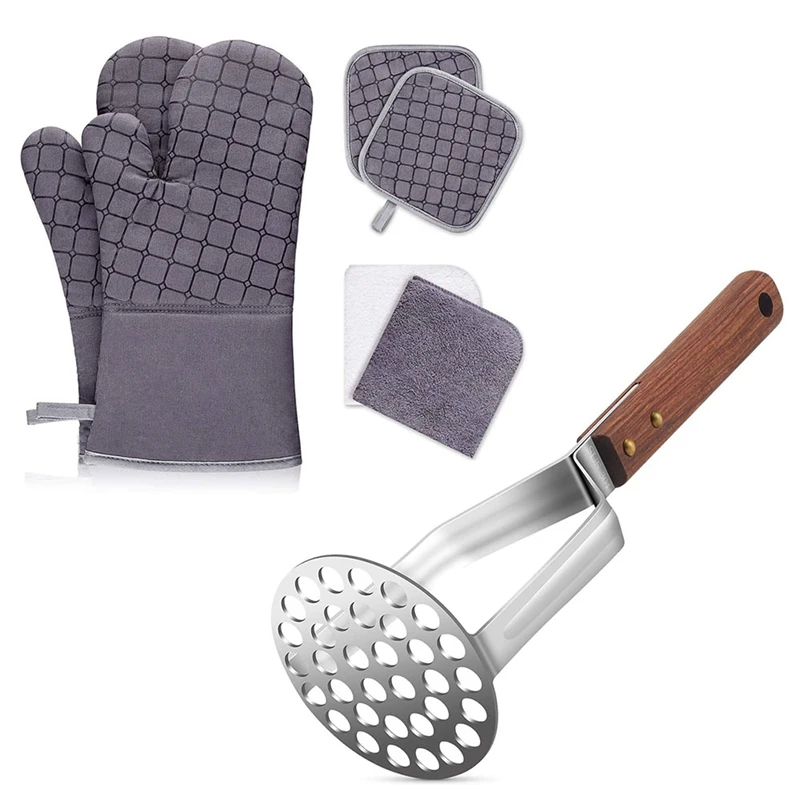 6Pcs Oven Mitts, 500℉ Heat Resistant Oven Mitts (Gray) & 1X Potato Masher Stainless Steel
6Pcs Oven Mitts, 500℉ Heat Resistant Oven Mitts (Gray) & 1X Potato Masher Stainless Steel