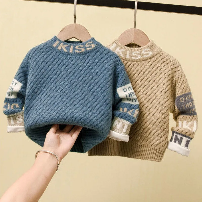 

New Girl Casual Hedging Sweater Children's Knitted Woolen Round Neck Spring/Winter Kids Letter Long Sleeve Keep Warm Thicken