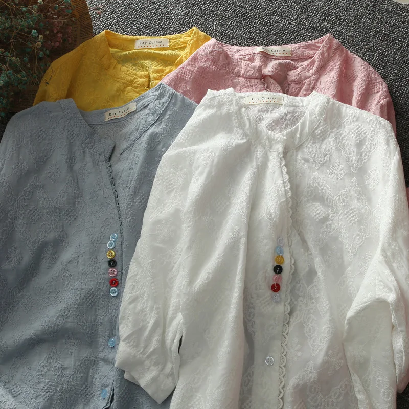 Summer new Women V neck single breasted shirt top solid embroidery female casual wear
Summer new Women V neck single breasted shirt top solid embroidery female casual wear