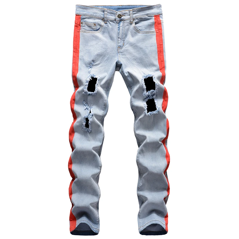 New Men's Fashion Stretch Denim Ripped Jeans Stripe Lines Printed Holes Distressed Slim Straight Pants Trousers Male 9077
New Men's Fashion Stretch Denim Ripped Jeans Stripe Lines Printed Holes Distressed Slim Straight Pants Trousers Male 9077