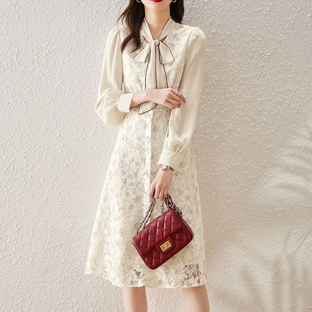 Ladies Temperament Dress New 2021 Autumn Retro Chiffon Lace Patchwork Dress Women Sweet Slim Bow-knot Commuter Clothing Vestidos
Ladies Temperament Dress New 2021 Autumn Retro Chiffon Lace Patchwork Dress Women Sweet Slim Bow-knot Commuter Clothing Vestidos