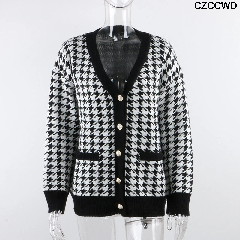 Plus Size Fashion V Neck Women Button Black Houndstooth Casual Autumn Winter Cardigan Long Sleeve Sweater Knitted Loose Jumper
Plus Size Fashion V Neck Women Button Black Houndstooth Casual Autumn Winter Cardigan Long Sleeve Sweater Knitted Loose Jumper