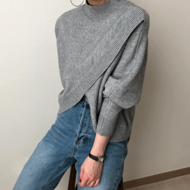 Fashion Half-turtleneck Women Sweater Jumpers 2020 Autumn Winter Knitwear Cross Split Loose Female Knitted Pullovers
Fashion Half-turtleneck Women Sweater Jumpers 2020 Autumn Winter Knitwear Cross Split Loose Female Knitted Pullovers