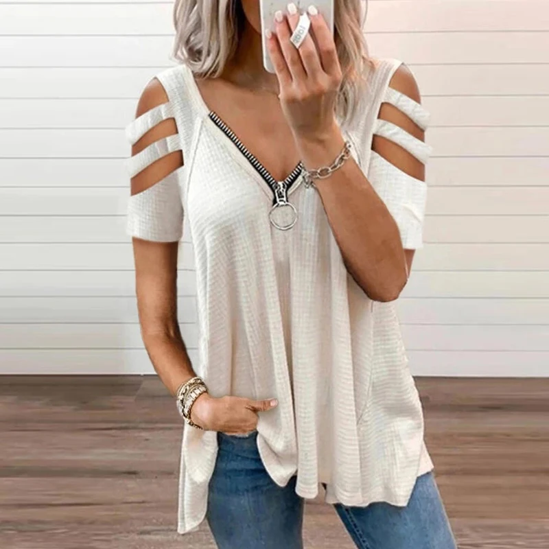 Fashion Sexy Hollow Out Short Sleeve Tops Women 2021 Summer Elegant V-Neck Zipper Blouse Shirts Female Casual Loose Streetwears
Fashion Sexy Hollow Out Short Sleeve Tops Women 2021 Summer Elegant V-Neck Zipper Blouse Shirts Female Casual Loose Streetwears