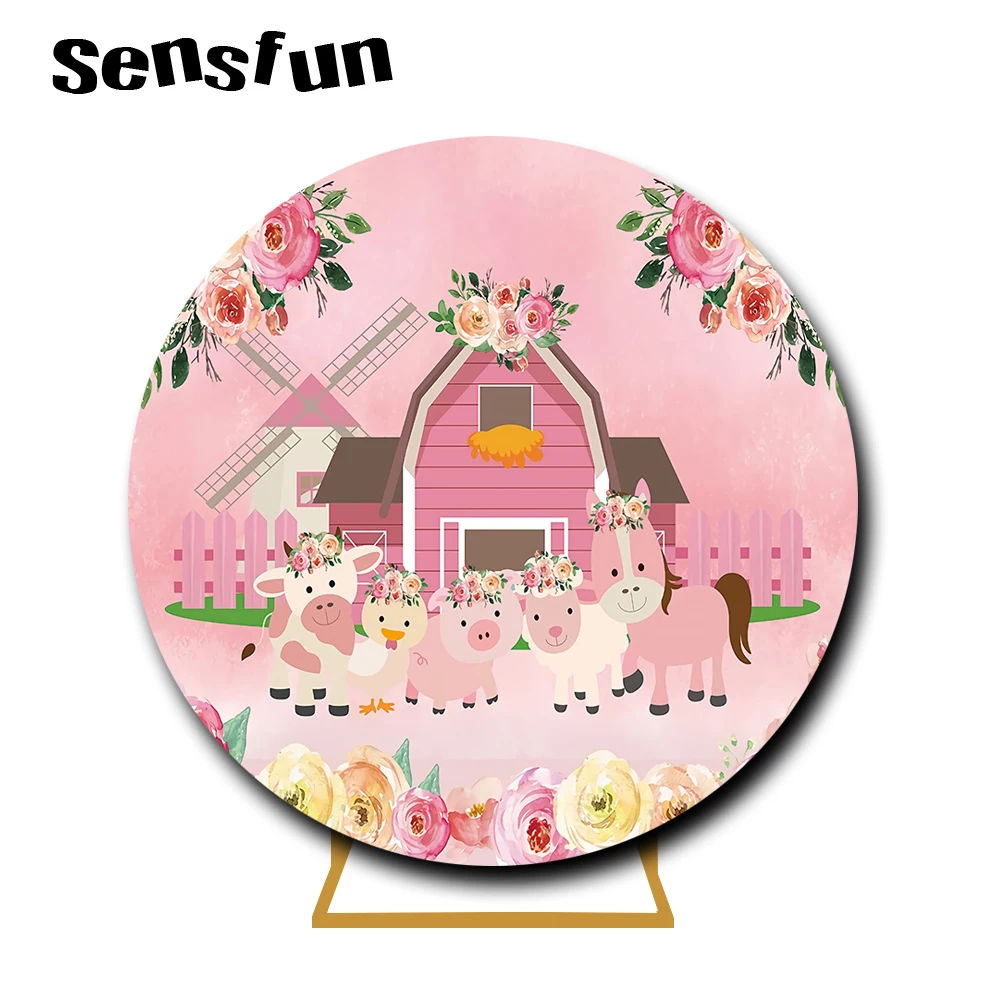 

Sensfun розовая ферма тема круглый фон крышка цветы дети животные Девочки День Рождения Вечеринка круг фотография фон на заказ