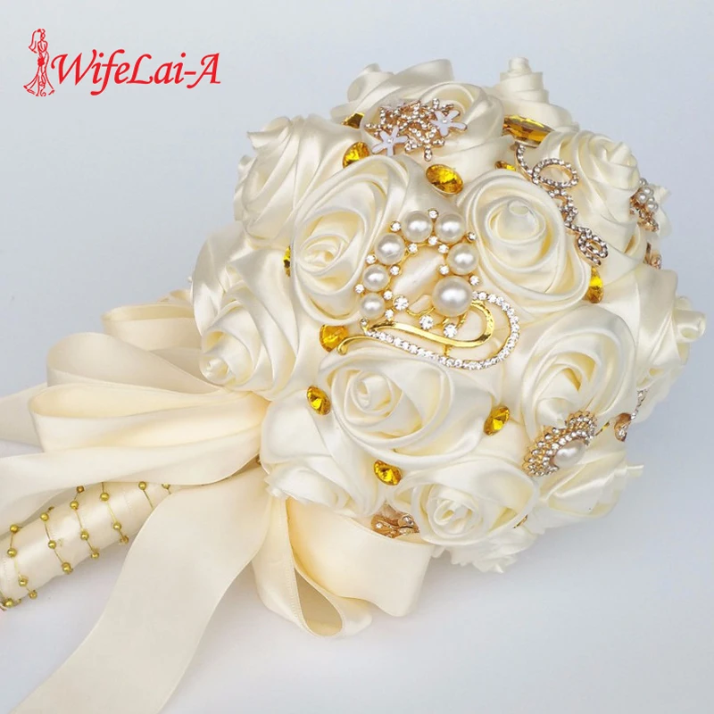 

Wedding Bouquets Ivory Cream Bridal Bouquet Gold Finishing Diamond Pearls Bridesmaid Holding Artificial Flowers Mariage AW0168