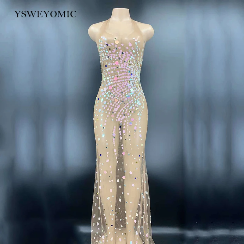 Rhinestone Sequin Mesh Perspective Long Dress Women Birthday Party Outfit Sexy See Through Singer Dresses For Stage Wear
Rhinestone Sequin Mesh Perspective Long Dress Women Birthday Party Outfit Sexy See Through Singer Dresses For Stage Wear