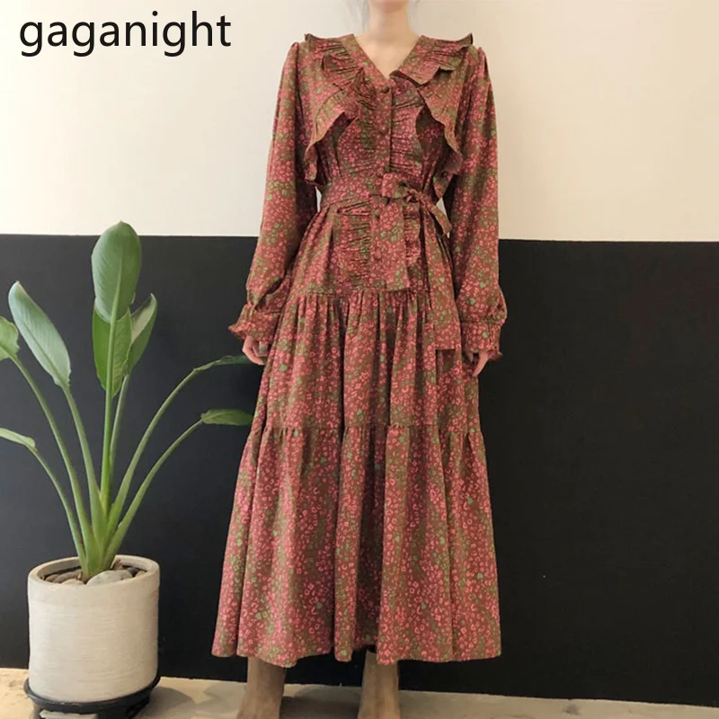 Gaganight Women Dress 2021 Autumn Korean Chic Retro Gentle V-neck Pleated Ruffled Floral Print Lace-up Waist Long-sleeved Dress 
Gaganight Women Dress 2021 Autumn Korean Chic Retro Gentle V-neck Pleated Ruffled Floral Print Lace-up Waist Long-sleeved Dress