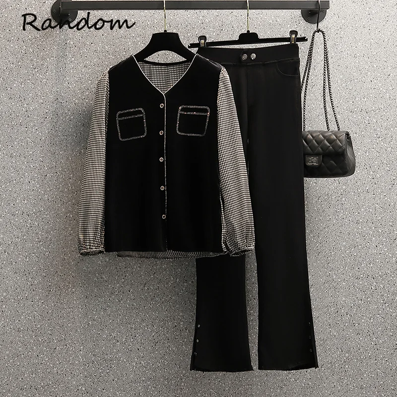 Plus Size 4XL Women Trousers Suit Velvet Plaid Shirt And Flares Pant Two Piece Set Office Ladies Winter Autumn Clothing Outfits
Plus Size 4XL Women Trousers Suit Velvet Plaid Shirt And Flares Pant Two Piece Set Office Ladies Winter Autumn Clothing Outfits