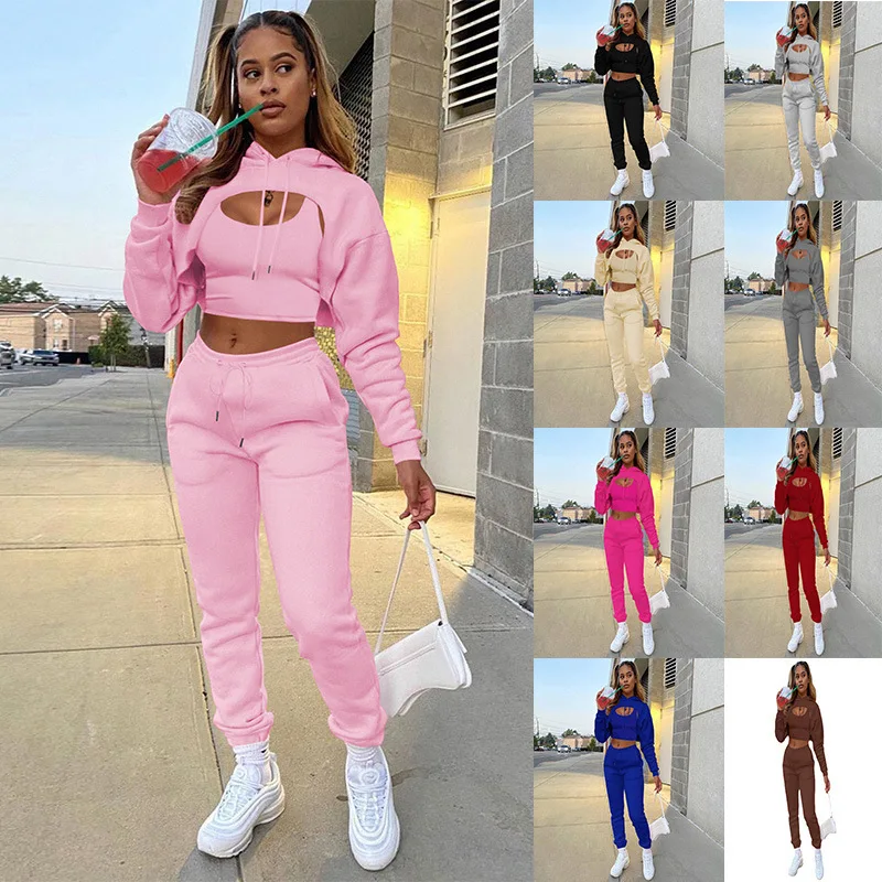 2021 Women's Solid Color Hooded Sweater Long Sleeve Drawstring Trousers Vest Three-piece Suit Women's Warm Suit Sportswear
2021 Women's Solid Color Hooded Sweater Long Sleeve Drawstring Trousers Vest Three-piece Suit Women's Warm Suit Sportswear
