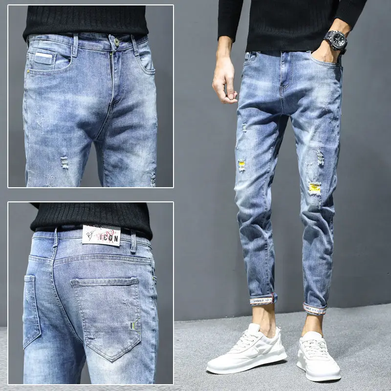 Cropped jeans men's latest slim fit little feet summer Korean fashion casual hole Cropped Pants Boys
Cropped jeans men's latest slim fit little feet summer Korean fashion casual hole Cropped Pants Boys