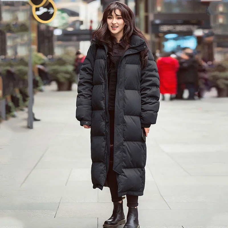

2021 зимняя длинная куртка на утином пуху, женские парки с капюшоном, черное свободное плотное теплое женское пуховое пальто, модная повседне...
