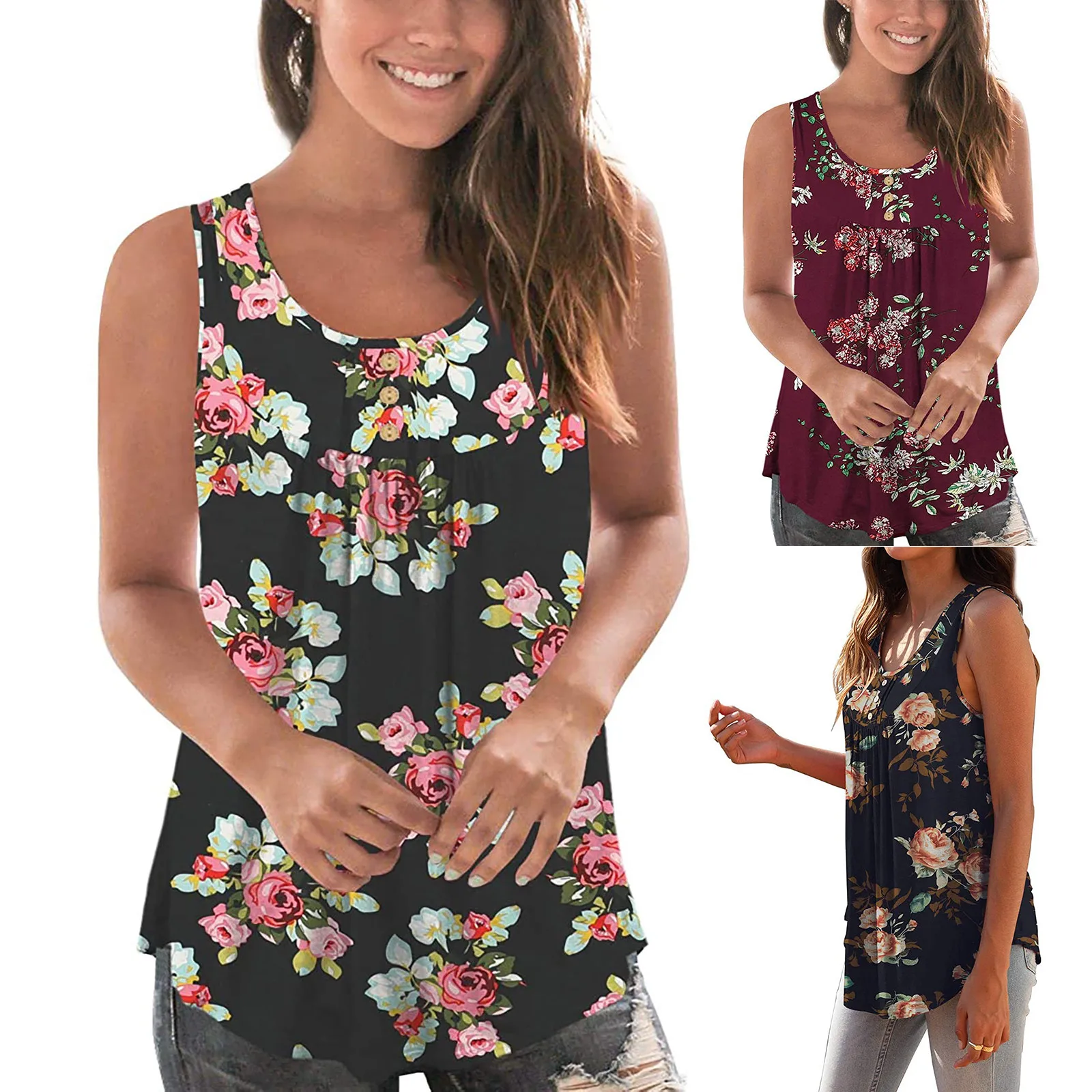 2021 Women Floral Printed Sleeveless Pleated Shirts Fashion Round Neck Pullover Blouses Casual Button Women's Shirt Clothing Top
2021 Women Floral Printed Sleeveless Pleated Shirts Fashion Round Neck Pullover Blouses Casual Button Women's Shirt Clothing Top