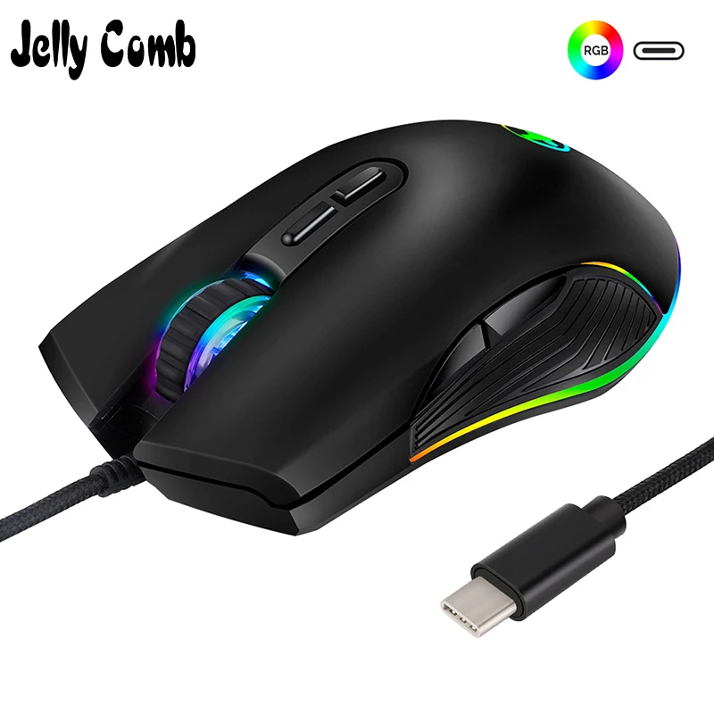 

Jelly Comb USB Type-c Mouse 3200 DPI USB C Gaming Mouse Computer Wried Optical Mice for PC Gamer RGB 4 Backlight Breathing LED