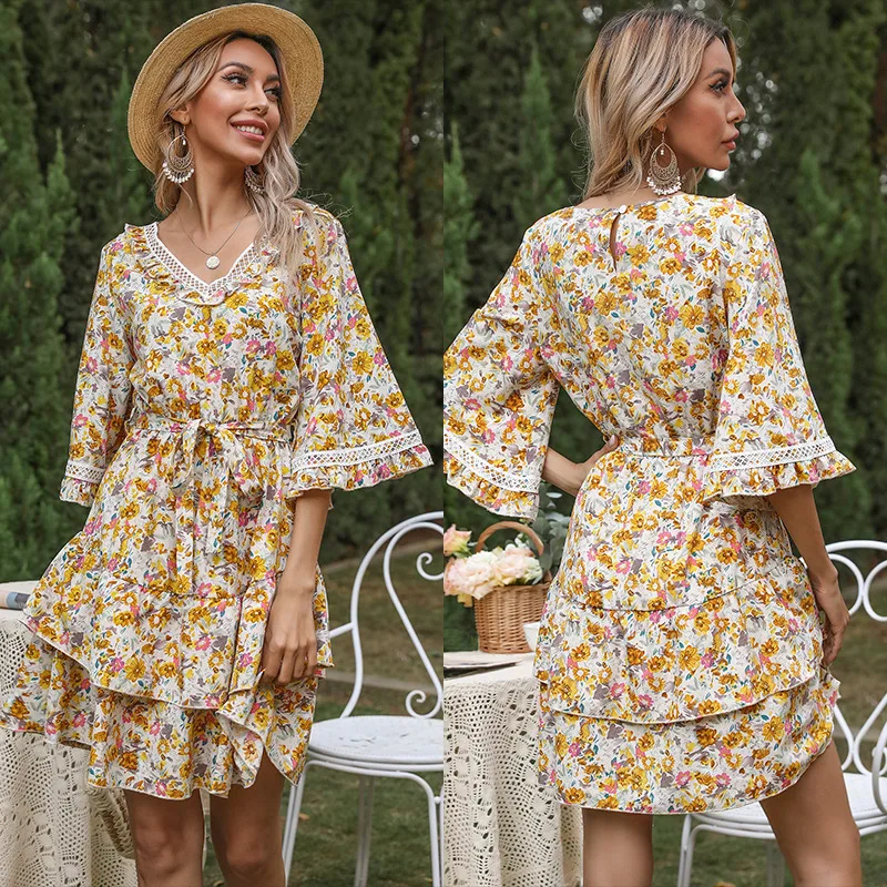 2021 Summer Dress New Floral Elegant Women Dresses V-neck Lace-up Ruffle Flare Half Sleeve Fashionable Print Dress Women
2021 Summer Dress New Floral Elegant Women Dresses V-neck Lace-up Ruffle Flare Half Sleeve Fashionable Print Dress Women