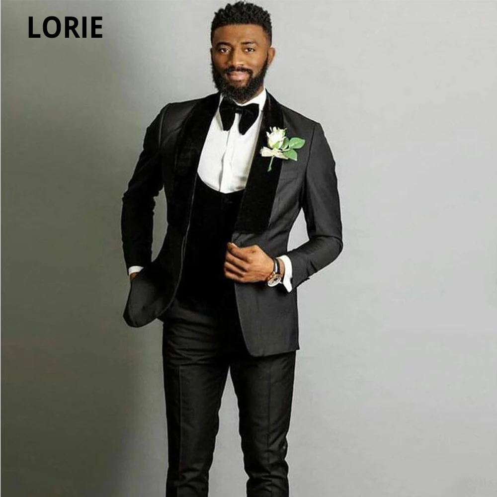 

LORIE Black Mens Wedding Tuxedo Groom Suits Velvet Shawl Lapel Man Blazer Prom Party 3Piece Groomsmen Suit Custom Made Plus Size