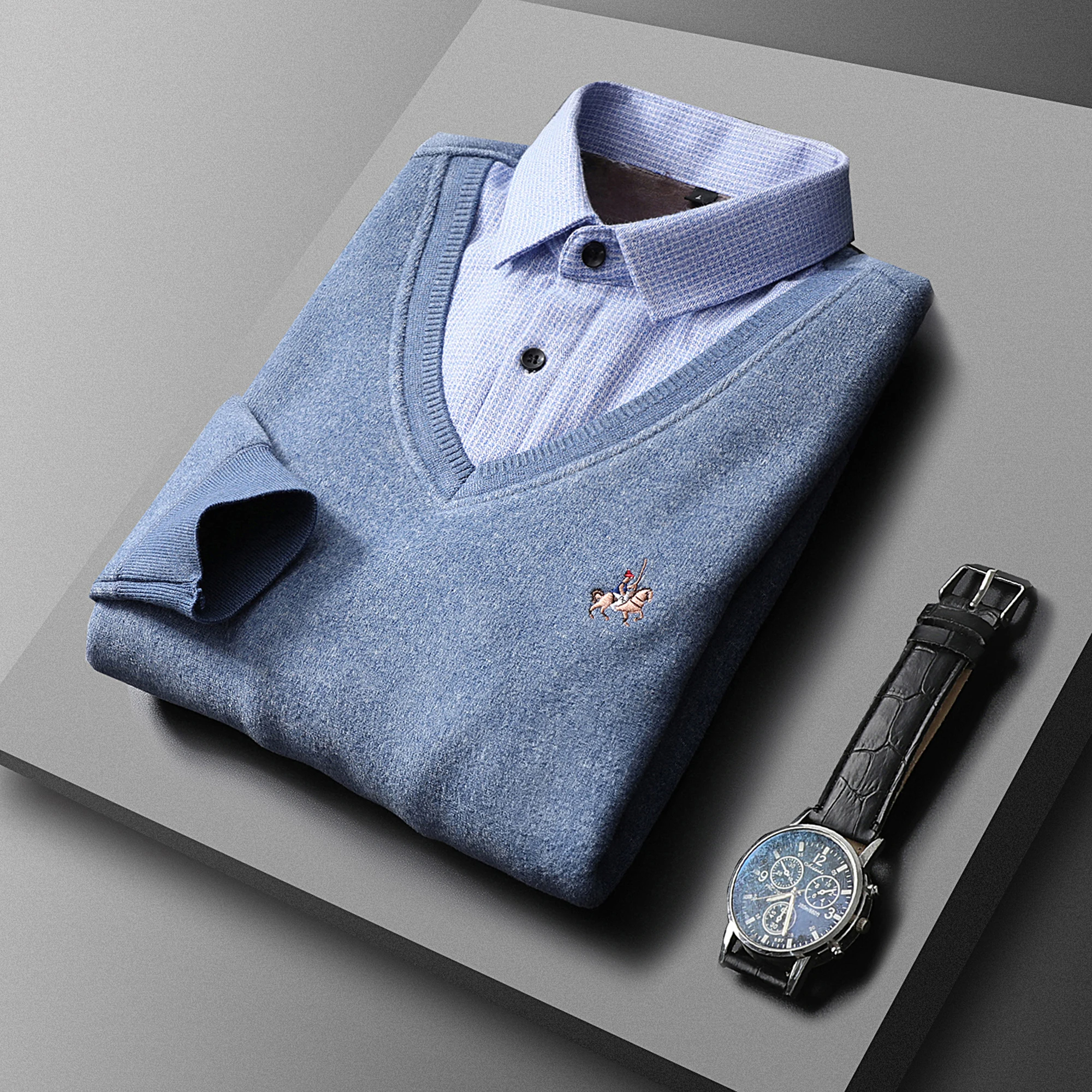 Autumn Winter Men's Sweater Lapel Fake Two-piece Knitted Pullovers Casual Business Pullover Men's Velvet Warm Slim Fit Knittwear
Autumn Winter Men's Sweater Lapel Fake Two-piece Knitted Pullovers Casual Business Pullover Men's Velvet Warm Slim Fit Knittwear