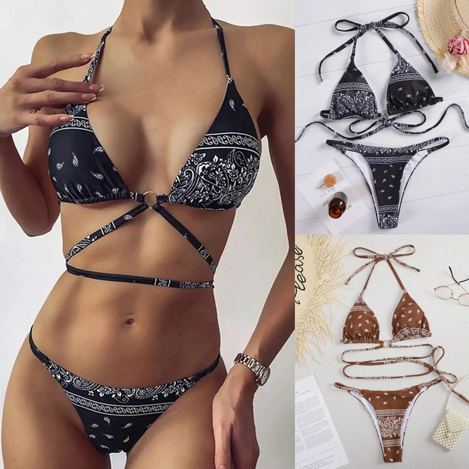 2021 Women's Sexy Swimsuit Ladies Sexy Split Paisley Printed Ring Linked Thong Split Bikini Push-up Beachwear Swimsuit Swimwear 
2021 Women's Sexy Swimsuit Ladies Sexy Split Paisley Printed Ring Linked Thong Split Bikini Push-up Beachwear Swimsuit Swimwear