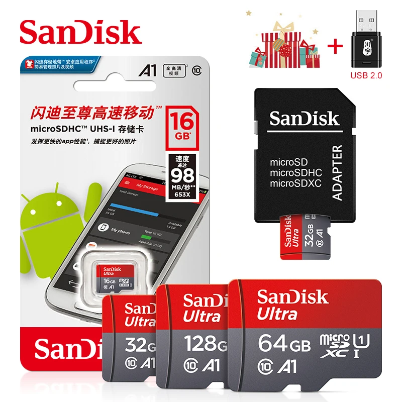 

Оригинальный двойной флеш-накопитель SanDisk флэш-карта, карта памяти Micro SD 32 ГБ, Micro SD карта, Class10 16GB TF Card 64 Гб 128 A1 U1 + адаптер + USB2.0 кард-ридер