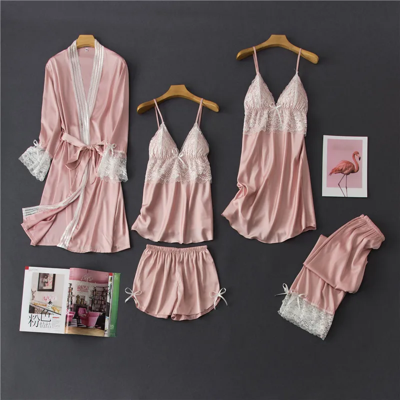 Daeyard Silk Pajamas Sets Women's Pink 5 Pieces Sexy Lace Pyjama Sleepwear Robe Pants Combination Spring Summer Mujer Homewear
Daeyard Silk Pajamas Sets Women's Pink 5 Pieces Sexy Lace Pyjama Sleepwear Robe Pants Combination Spring Summer Mujer Homewear